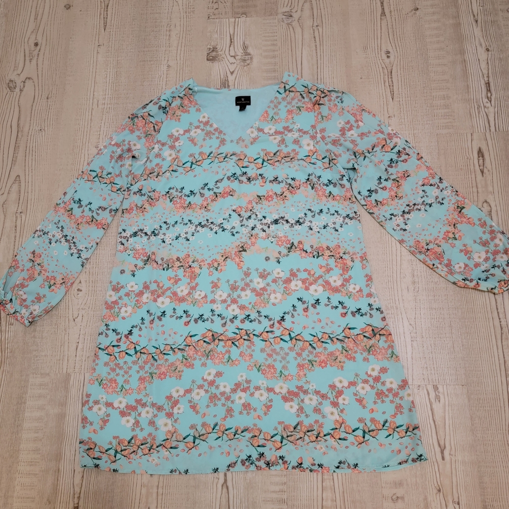 Worthington Aqua Blue Floral Split Sleeve V-Neck Dress Large Feminine Spring